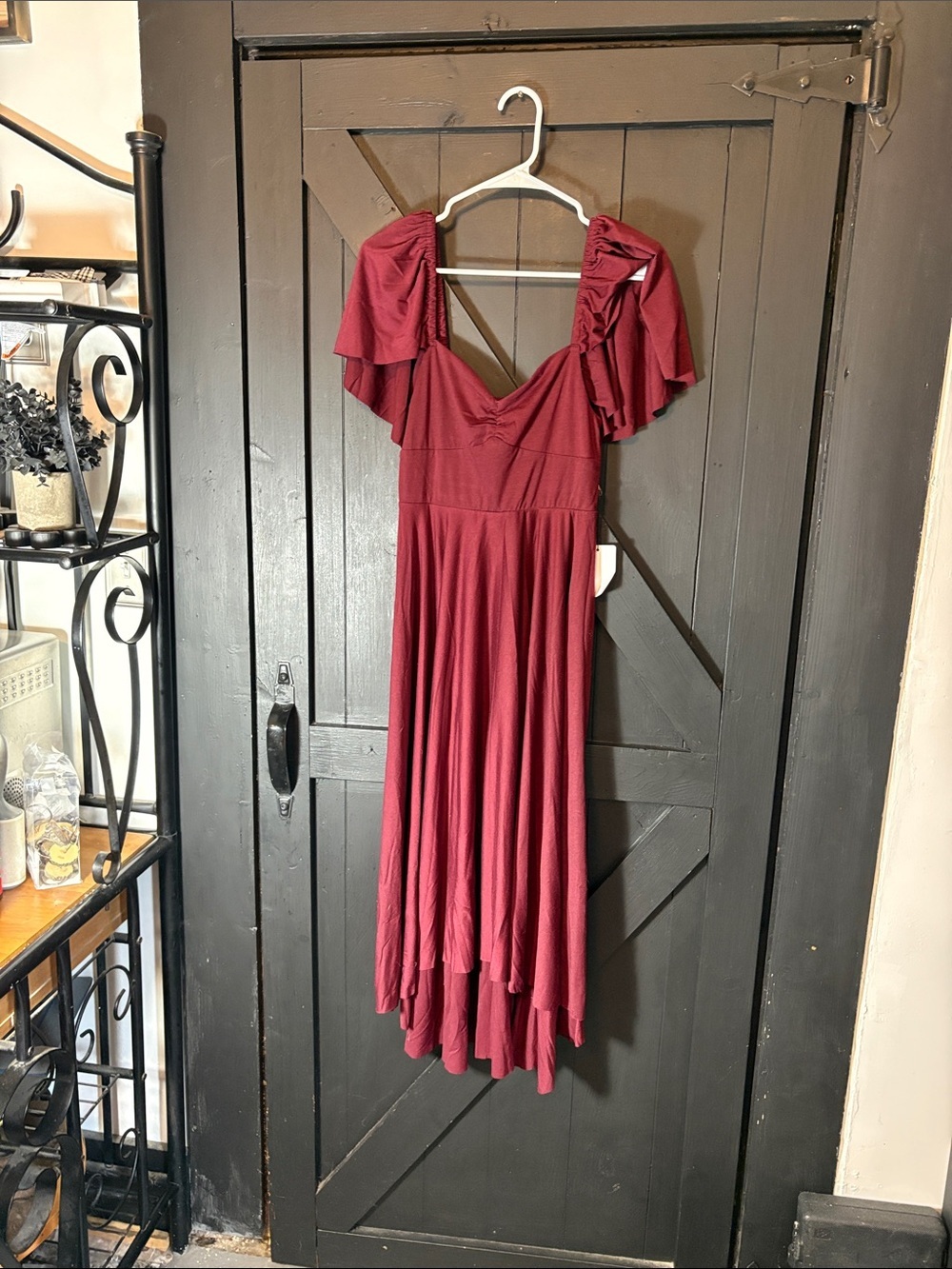 Women's Burgundy High-Low V-Neck Dress with Flutter Sleeves